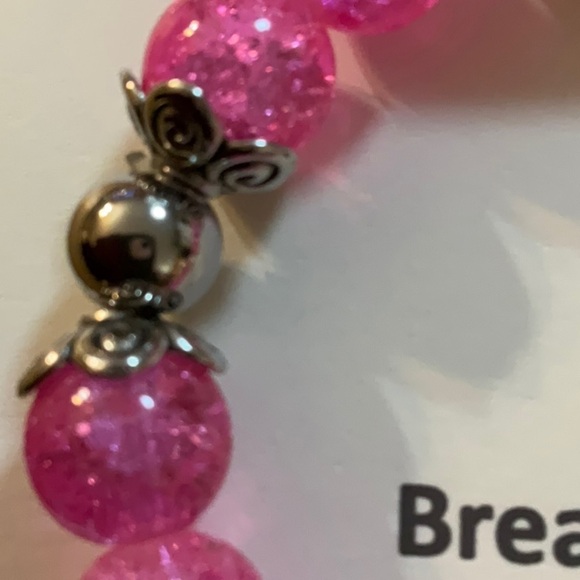 Hand Crafted Pink Breast Cancer Awareness Bracelet Crackle Beads Stretch - Picture 7 of 7